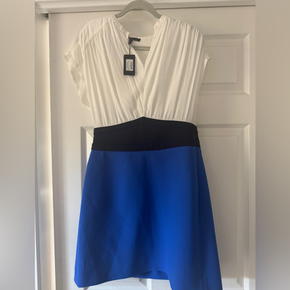 Maje Black and White A-Line Dress with Plunge Neckline SZ 8/10
